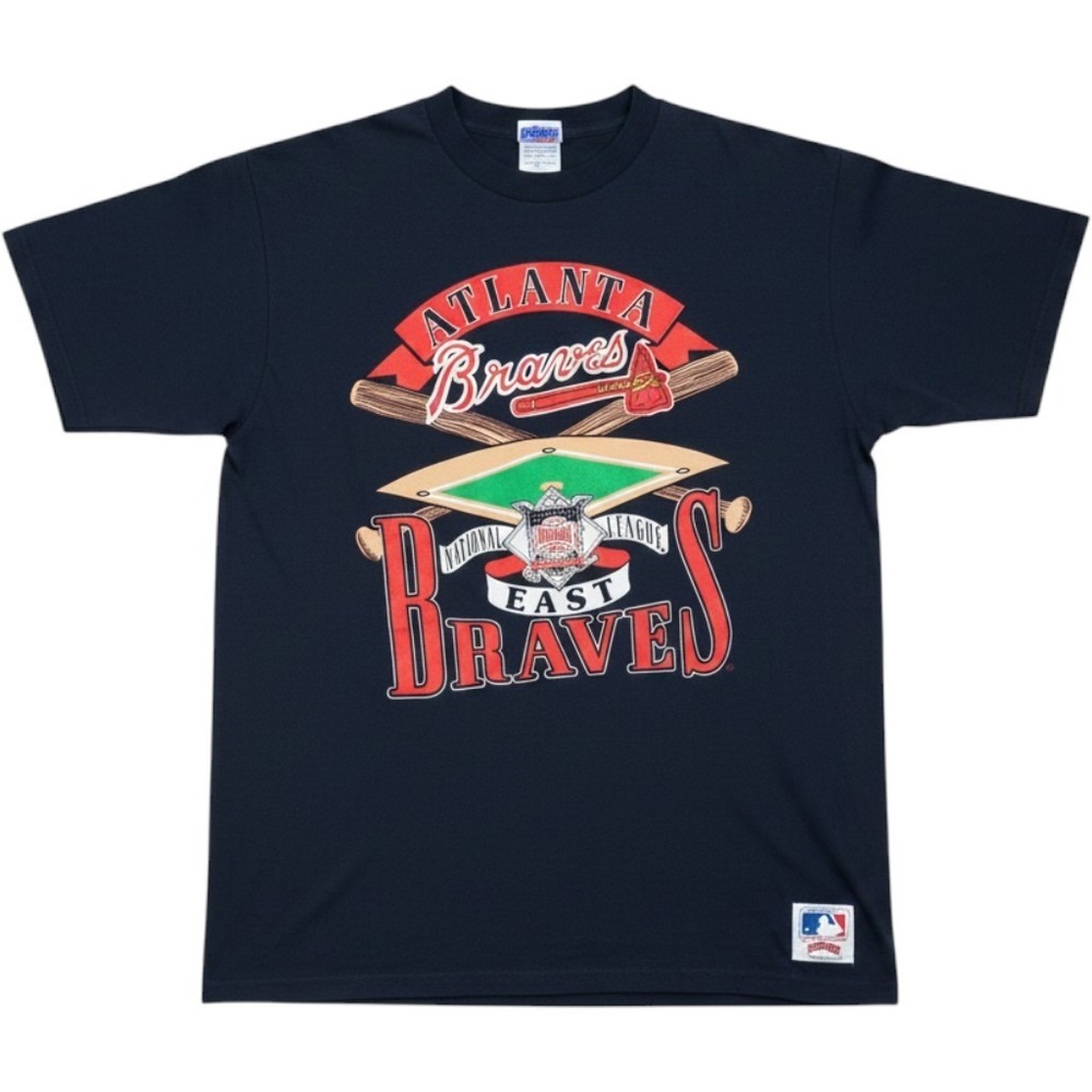 NEW VTG Nutmeg Baseball MLB ATLANTA BRAVES MENS L Large Navy Blue T-Shirt Top